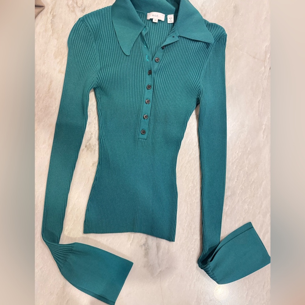 A.L.C. Green Bell Sleeve Polo Blouse